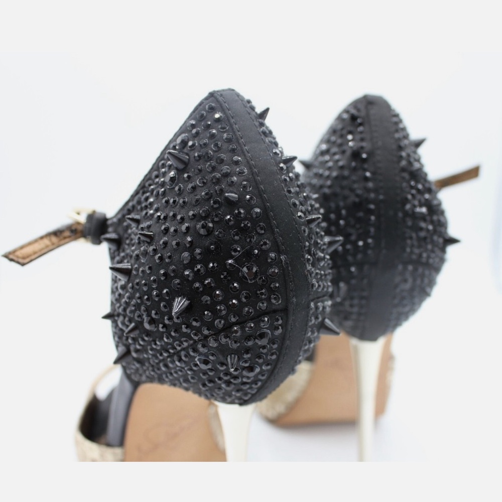 Designer Sam Edelman Scarlett Black /Gold Suede Leather Spiked Heels Size 9.5 - Picture 3 of 9